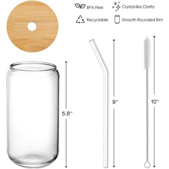 Drinking Glasses with Bamboo Lids and Glass Straw 4pcs Set - 16oz Can Shaped - Picture 7 of 7